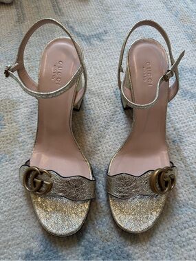 Gucci Gold Metallic Leather Ankle-Strap Block Heel Sandals